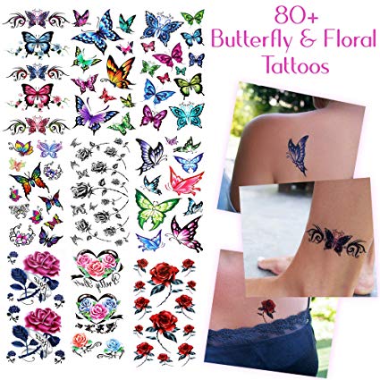 80  Beautiful Temporary Tattoos Assorted Butterflies and Flowers - For Women and Girls Tattoos for Arms Legs Shoulder or Back