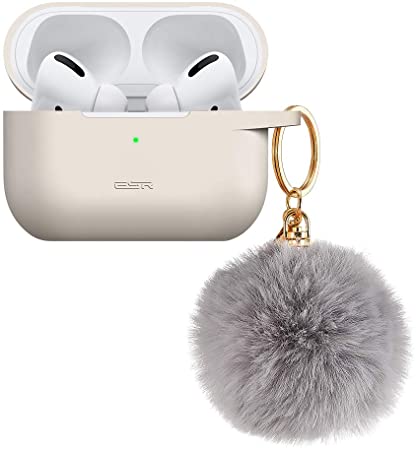 ESR Upgraded Protective Cover for AirPods Pro Case 2019, Bounce Carrying Case for AirPods Pro Charging Case with Fur Pom-Pom Keychain, Shock-Absorbing Silicone Case Skin Visible Front LED, Stone Grey