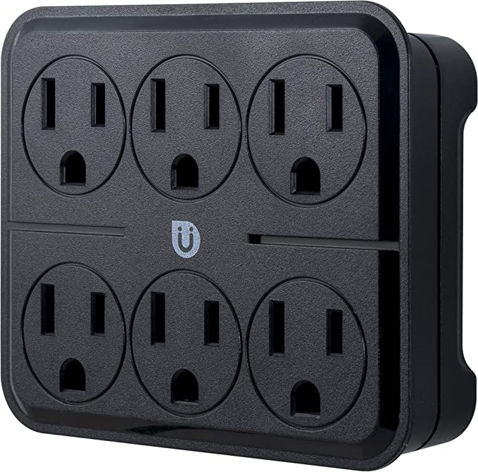 Uber 6 Outlet Power Tap with Twist-to-Close Safety Outlet Covers, Grounded Wall Plug Adapter, Kids Outlet Extender, UL Listed, Blue/Black, 25112