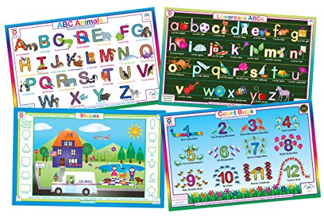 Educational Kids Placemats- Preschool Kindergarten- Set of 4 Table Mats: Uppercase ABCs, Alphabet, Numbers, Shapes- Reversible Activities- Waterproof, Washable, Wipeable, Durable, USA-made by Tot Talk