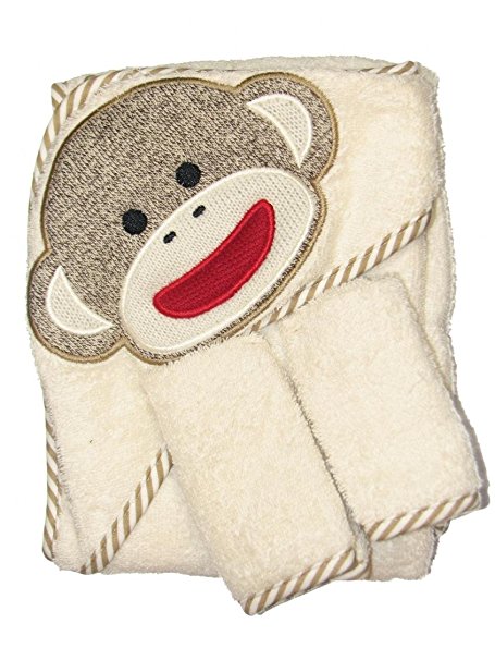 Sock Monkey Hooded Towel and 2 Washcloth Set by Baby Starters - Off-White - Not Applicable