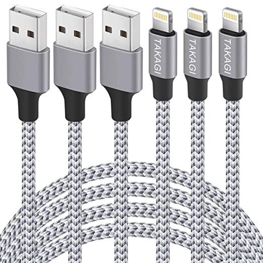 iPhone Charger, TAKAGI 3Pack 6FT Nylon Braided Lightning to USB Cable High Speed Data Sync Transfer Cord Fast Charging Power Connector Compatible with iPhone 12 11 Pro Max XS XR X 8 7 Plus 6S SE Mini