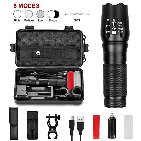 LED Torch Set, Super Bright LED Torch, 1000 Lumens 5 Modes Zoomable Waterproof Tactical Flashlight with USB Charger,18650 Rechargeable Battery/3*AAA, Cycling Handlebar Mount, Flashlight Holster