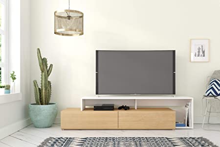 Nexera Tonik, Natural Maple & White 72-inch TV Stand, Maple Laminate and White Melamine