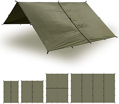 Aqua Quest Safari Tarp - 100% Waterproof Lightweight SilNylon Bushcraft Camping Shelter - 10x7, 10x10, 13x10, 20x13 ft Olive Drab or Camo