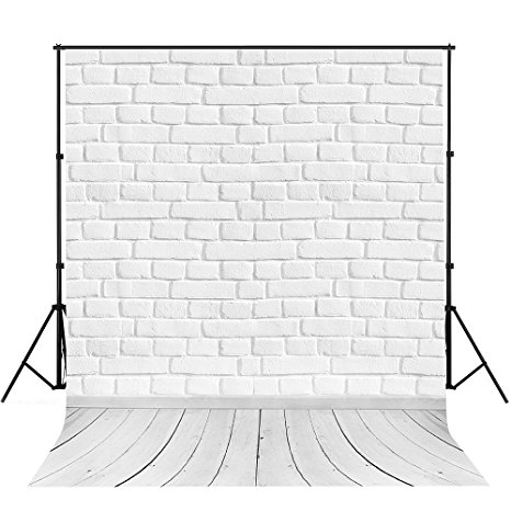 Photography Backdrop, MeeQee 5X7ft White Brick Wall with Grey Wooden Floor Photo Studio Pictorial Cloth Photography Background Screen for Photo, Video and Television, MQ-WB1