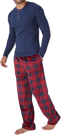 DOCKERS Men's Pajama Sets, Plaid PJ Pants for Men and Waffle Henley Long Sleeve Shirt