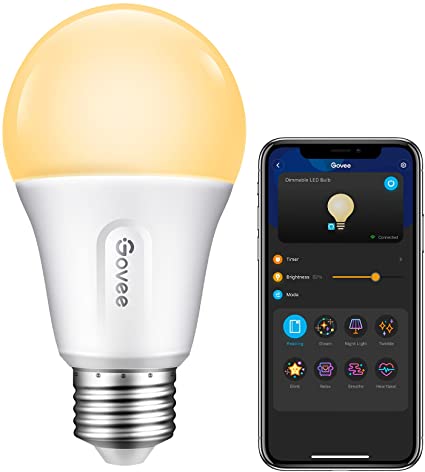 Govee Smart WiFi Light Bulbs, Work with Alexa and Google Assistant, Warm White WiFi LED Bulbs, 2700K Dimmable, 800 Lumen, E26 A19 9W 60W Equivalent Wi-Fi Bluetooth Alexa Bulbs, 1 Pack