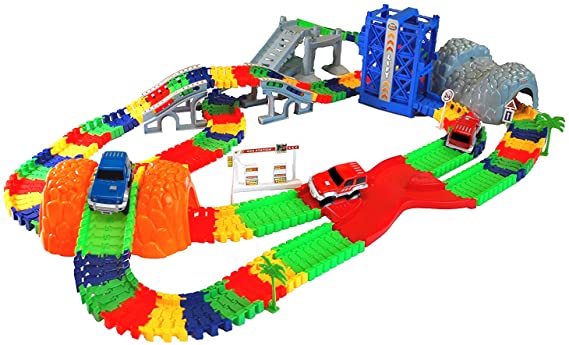 MMP Living Super Snap Speedway - Deluxe Bend and Flex Track Set with 3 Electric Cars, Tunnels, Bridge, Elevator, ramp, Track Merge and Accessories - Over 300 Pieces