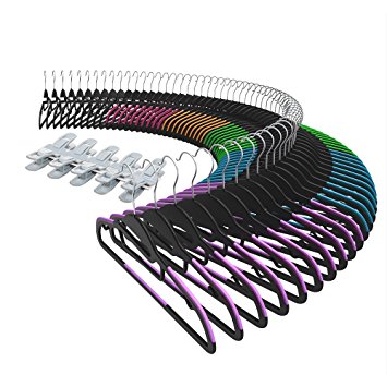 Clothes Hangers, 60 Pack with 10 Finger Clips, Non Slip, Space Saving Ultra Thin, Heavy Duty, S-Shape for Tight Collars, 6 Flashy Colors for Shorts, Pants, Shirts, Scaves