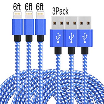 E-POWIND 3PACK [6]ft Lightning Cable with Ultra-compact Connector Charging Cable Cord For iPhone7/7plus/6/6plus/6s/6splus,iPhone 5/SE, iPad, iPod on Latest IOS10.(BLUE WHITE)