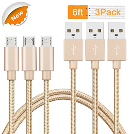 Quntis Micro USB (6ft) The Premium and Durable Cable [Kevlar Fiber & Double Braided Nylon] for Samsung, Nexus, LG, Motorola, Android Smartphones and More 【3 Pack Gold】