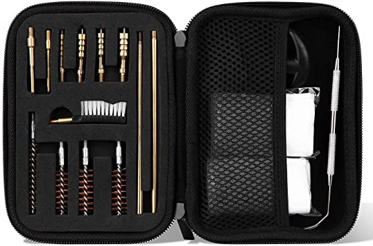 ProCase Universal Handgun Cleaning kit for .22 .357 .38, 9mm .40 .45 Caliber Pistol, Zippered Compact Case with Brass Brush, Jag, Slotted Tip, Cleaning Pick, Cleaning Rod and Cleaning Patches –Black