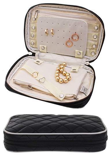Ellis James Designs Travel Jewellery Organiser Bag - Elegant Pouch with Quilted Exterior and Padded for Protection - Keeps Your Earrings, Necklaces and Other Treasures Neat and Secure - Black