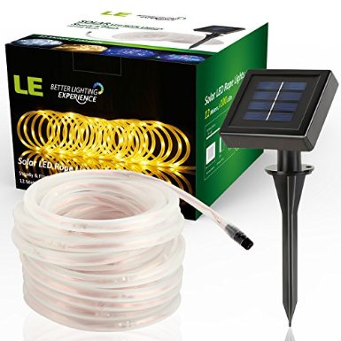 LE® 33ft 100 LED Solar Rope Lights, Waterproof Outdoor Rope Lights, 3000K, Warm White, Portable, LED String Light with Light Sensor, Ideal for Wedding, Party, Decorations, Gardens, Lawn, Patio