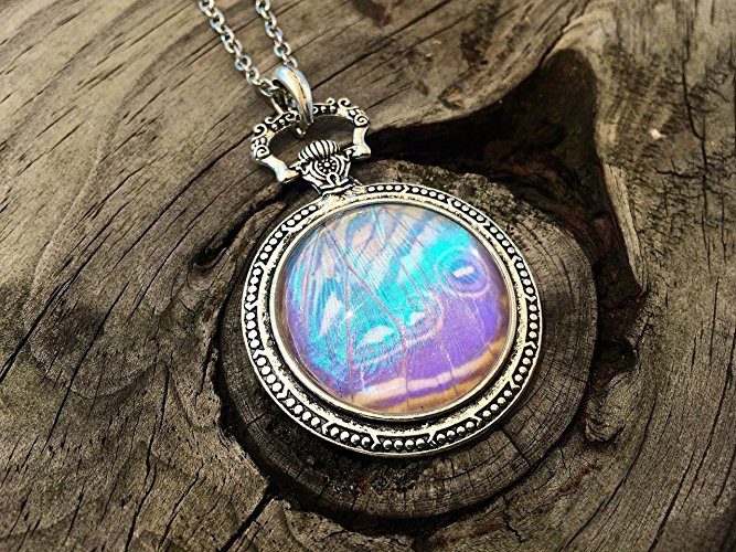 Real Pearl Morpho Butterfly Wing Pocketwatch Style Pendant Necklace - White Opal October Birthstone