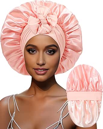 Large Satin Bonnet Silk Bonnet for Sleeping Women Curly Hair Bonnet with Tie Band Reversible Double Layer Bonnet Sleep Cap