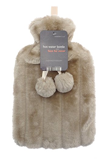 Luxurious Cosy Faux Fur Cover Hot Water Bottles with Pom Poms: (Mink)