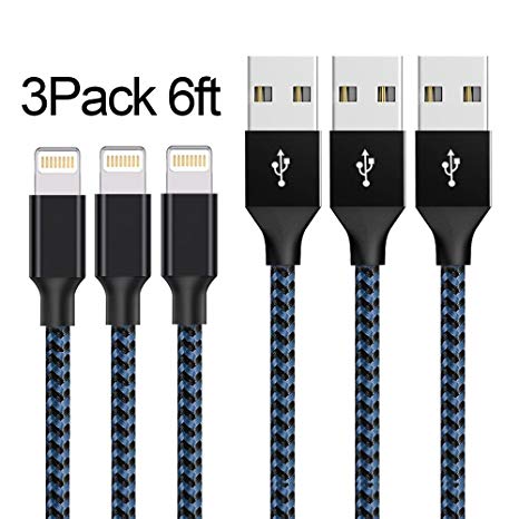 iphone Cable,Firodo Lightning Cable 3 Pack 6FT Nylon Braid Cord Lightning Cable Certified to USB Cable Cord Charger Compatible for iPhone X 8 8 Plus 7 7 Plus 6 6s 6 plus 6s plus, iPhone 5 5s 8c,iPad, iPod and More(Black&Blue)
