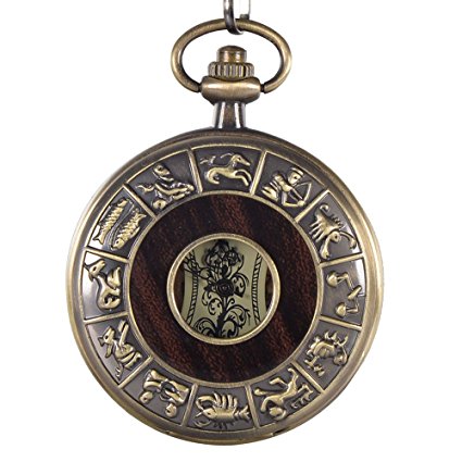 Mudder Wooden Style Hand Wind Mechanical Pendant Pocket Watch With 12 Constellation Pattern