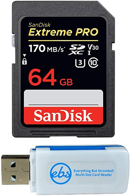 SanDisk 64GB SDXC Extreme Pro Memory Card Bundle Works with Fujifilm X-T3, X-T20, X-T2, X-H1 Mirrorless Camera 4K V30 (SDSDXXY-064G-GN4IN) Plus (1) Everything But Stromboli (TM) Combo Card Reader