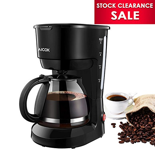 Aicok Drip Coffee Maker, 5-Cup Coffeemaker with Glass Carafe, Automatic Coffee Machine, Anti-Drip System, Quick Brew Technology, One Touch Button, 600W, Black