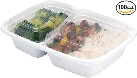 Restaurantware Asporto 32 Ounce 2-Compartment Meal Prep Containers, 100 BPA-Free Meal Prep Containers - Microwavable, Disposable, White Plastic Portioned Food Containers, Lids Included