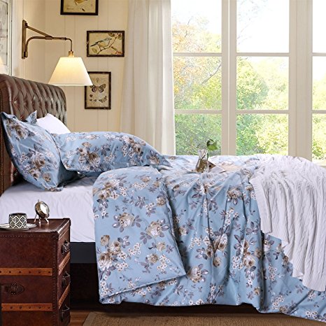 3 Pieces Duvet Cover Set Brushed Microfiber Floral Printed Pattern with Hidden Zipper, Queen, Blue by NTBAY