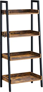 Rolanstar Ladder Shelf, Rustic Ladder Bookshelf, 4-Tier Utility Organizer Shelves, Stable Metal Frame, for Living Room, Office Room, Rustic Brown