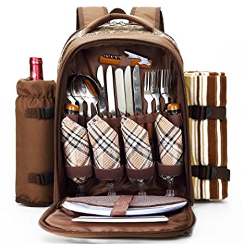 Apollowalker 4 Person Picnic Bag Backpack with Cooler Compartment Cutlery Set for Picnic, Outdoor
