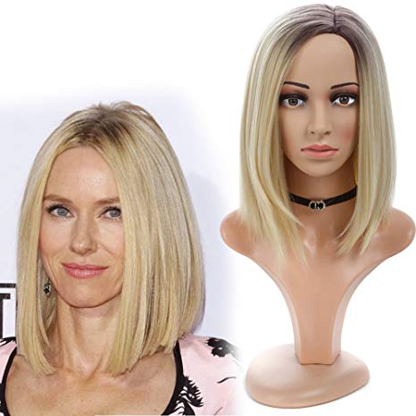 Blonde Ombre Bob Wig Side Bangs Synthetic Long Ombre Brown Roots to Blonde Bob Wigs for Women (Ombre Brown to Blonde)