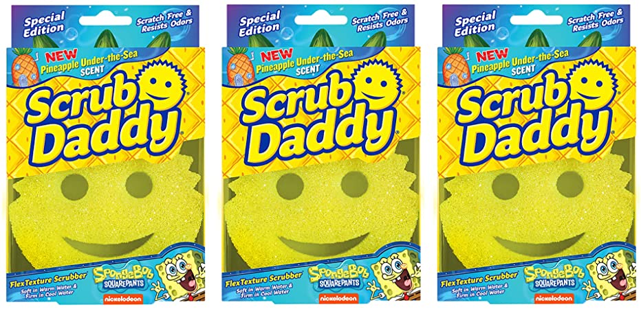 Scrub Daddy Sponge - Pineapple Scented - Scratch-Free Scrubber for Dishes and Home, Odor Resistant, Soft in Warm Water, Firm in Cold, Deep Cleaning, Dishwasher Safe, Multi-use 1ct (Pack of 3)