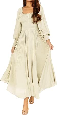R.Vivimos Women's Puff Long Sleeve Maxi Dress Square Neck Elastic Empire Waist Swiss Dots Casual Flowy A-Line Long Dresses
