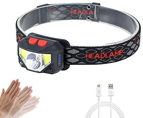 Head Torch Rechargeable, LED Headlamp Headlight Super Bright 400 Lumens COB Small Head Lamp Flashlight with Red Light, Battery Indicator, Motion Sensor, Lightweight, Waterproof for Running, Walking