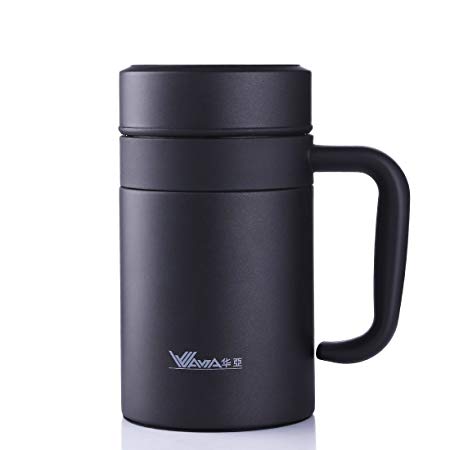 JIAQI Insulated Coffee Mug with Lid and Handle - 420 ml/15 oz Stainless Steel Vacuum Flask with Removable Tea Strainer - Thermos Travel Mug Leakproof - A Great Gift Idea For Men - Black