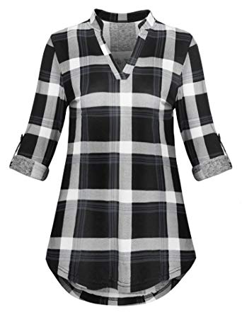 TECREW Women's Plaid 3/4 Rolled Sleeve Notch V Neck Shirt Casual Tunic Blouse Tops