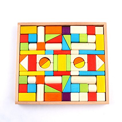 Wood Blocks - iPlay, iLearn Colored wood block set Natural Wooden Stacking Cubes Blocks 74 PCS