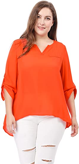 uxcell Women's Plus Size Tops Split Neck High Low Hem 3/4 Sleeves Chiffon Blouse Mothers Day