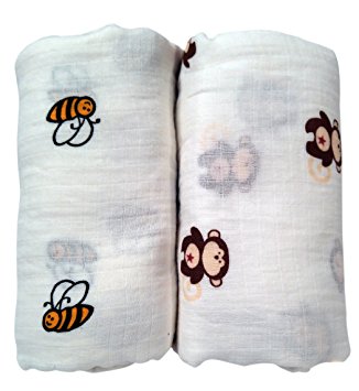 Baby Swaddle Blanket by Genevieve's Essentials 100% Cotton 2 Pack Gift Box Bee + Monkey Muslin Receiving Blanket & Burp Cloth