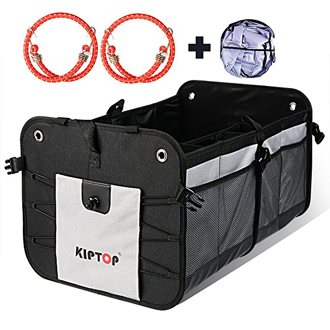 Auto Trunk Organizer by KIPTOP, Premium Durable Collapsible Cargo Storage for SUV, Vehicle, Truck, Car, Home & Garage Heavy ,Bungee Cords & Sun Shade (Gray)