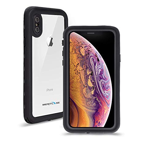 iPhone Xs/iPhone X Waterproof Case, Meritcase IP 68 Underwater Full Body Cover Case Dropproof Snowproof Dustproof Rugged Bumper Case Built-in Screen Protector iPhone X/Xs 5.8inch (Clear Black)