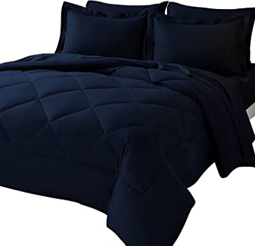 CozyLux Full/Queen Bed in a Bag 7 Pieces Comforter Set with Comforter and Sheets Navy Blue All Season Bedding Sets with Comforter, Pillow Shams, Flat Sheet, Fitted Sheet and Pillowcases