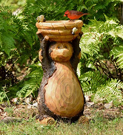 Plow & Hearth Decorative Carved Bear and Honey Bee Bird Bath - Outdoor Yard and Garden Statue - All Weather Resin - Freestanding - 11.5 Dia. x 23 H