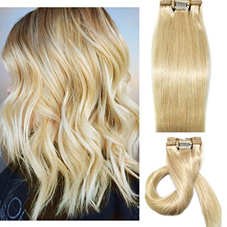 Myfashionhair Clip in Hair Extensions Real Human Hair Blonde 20 inches 70g Clip on for Fine Hair Full Head 7 pieces Silky Straight Weft Remy Hair (20 inches, #613)