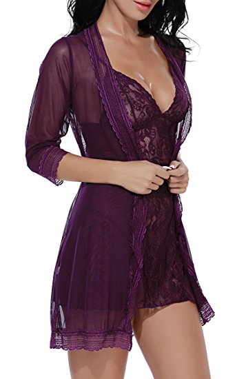 BMAKA Women Lace Lingerie Robe Crotchless Nightwear With G-String Set of 3