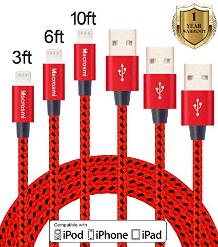 Mscrosmi 3Pack 3FT 6FT 10FT Extra Long Nylon Braided Lightning to USB Sync Charge Cable Cord Charger for iPhone 7/7Plus/6s/6s Plus/6/6Plus/5s/5c/5, iPad/iPod Models (red & black)