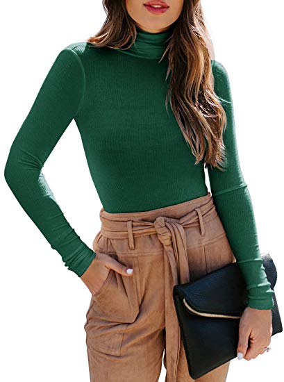 REORIA Women's Long Sleeve Ribbed Turtleneck Leotard Stretchy Bodysuit Tops Jumpsuits