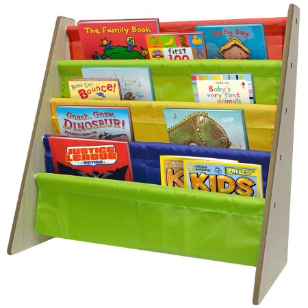 Sorbus Kids Bookshelf - Bright Primary Color Pockets Toddler Bookcase -Features Sling Pockets for Books & Toys-Great for Bedroom, Playroom, Book Store, Classroom, Toddler Gym, Daycare, etc (Natural)