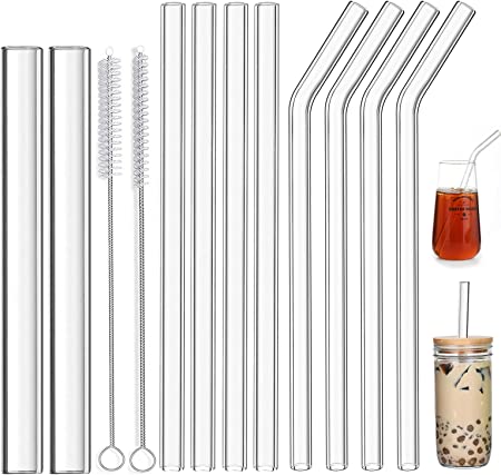 ALINK Reusable Glass Straws, 2PCS Clear Glass Boba Straws, 8PCS Smoothie Straws for Bubble Tea, Popping Tapioca Pearls with 2 Cleaning Brush