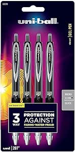 uni-ball® Signo Gel 207™ Retractable Gel Pens, Micro Point, 0.5 mm, Black Barrel, Black Ink, Pack Of 4